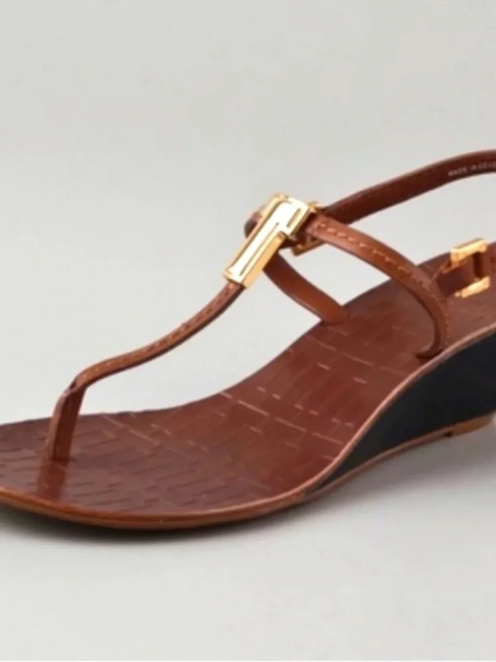 Tory Burch Tan Leather T-Strap Wedge Sandals with Gold Hardware